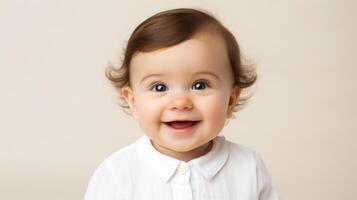Portrait of a cute smiling little baby boy, over beige background Generative AI photo