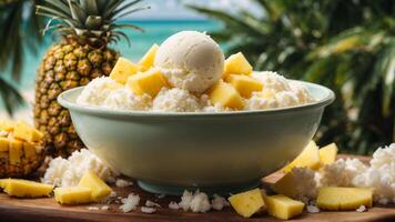 A tropical paradise with a scoop of coconut ice cream background image AI Generative photo