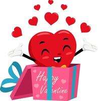 Cute Red Heart Retro Cartoon Character Exit From Gift Box. Vector Illustration Flat Design