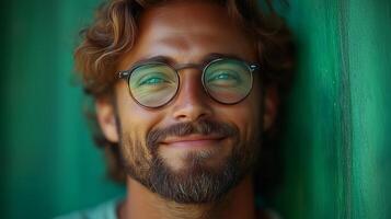 A man with glasses and a beard is smiling photo