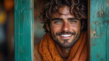 A man with curly hair and a scarf is smiling photo