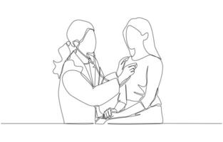 Continuous one line drawing of female doctor using stethoscope to check lung function of patient, medical checkup, lung auscultation concept, single line art vector