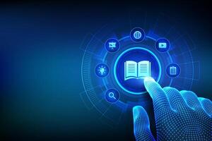E-learning. Innovative online education and internet technology concept. Webinar, teaching, online training courses. Skill development. Wireframe hand touching digital interface. vector