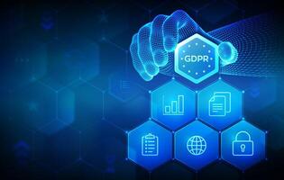 GDPR. General Data Protection Regulation. Cyber security and privacy concept on virtual screen. Protection of personal information. Hand places an element into a composition. vector