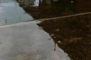 Raindrops creating circular ripples on a wet concrete surface texture photo