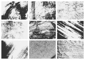 A grunge overlay texture set with distress effects, scratches, and rough grain. This collection of black grain textures adds a vintage touch to design. vector
