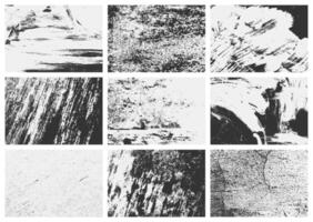 Collection of grunge overlay textures set with rough scratches, old damage, and distressed grain. Perfect for adding an aged, worn look artwork. vector