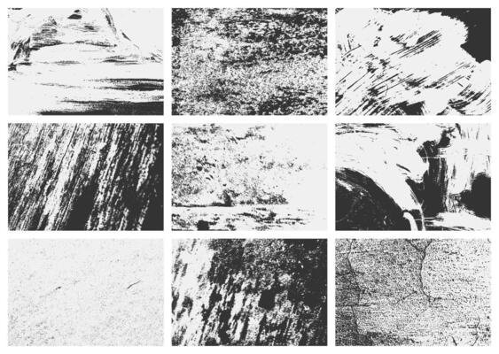 Collection of grunge overlay textures set with rough scratches, old damage, and distressed grain. Perfect for adding an aged, worn look artwork.