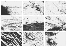 A set of overlay textures with grunge effects, including scratches, damage, and distressed grain. This collection offers unique vintage aesthetics. vector