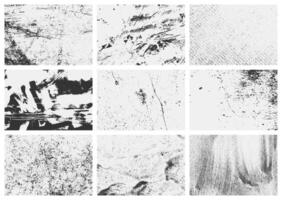 Collection of grunge overlay textures set with old damage, dirty grain, and scratches. Perfect for adding a rugged, worn out look to artwork. vector