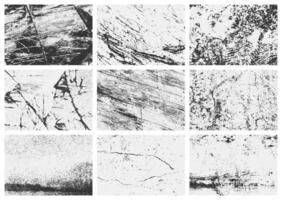 Overlay texture set featuring grunge-style distressed grain, scratches, and rough textures. A collection ideal for adding an aged, worn look to projects. vector