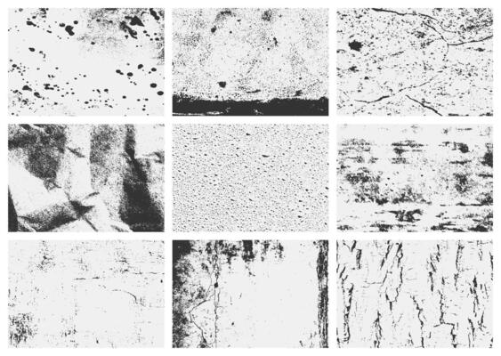 A set of distressed grunge overlay textures featuring scratches, rough grain, and old damage. This collection is ideal for vintage-inspired designs.