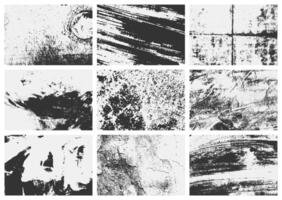 Overlay textures set with grunge effect, featuring old damage, dirty grainy scratches. A collection of different distressed black grain textures for cool design. vector