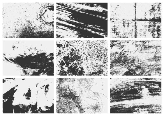 Overlay textures set with grunge effect, featuring old damage, dirty grainy scratches. A collection of different distressed black grain textures for cool design.