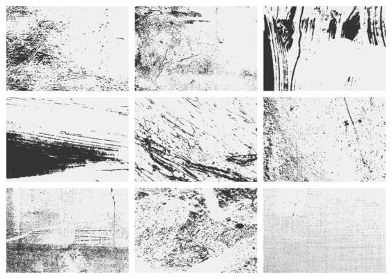 Overlay texture set featuring grunge effects, rough scratches, and distressed grain. A collection of vintage-inspired textures for artistic projects.