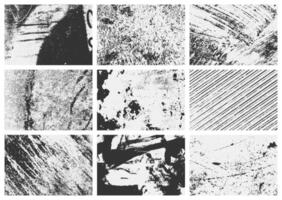 A grunge overlay texture set with distress effects, scratches, and rough grain. This collection of black grain textures adds a vintage touch to any design. vector