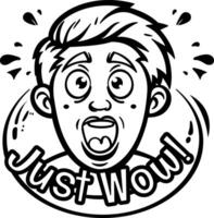 A glyph sticker of a surprised character with just wow typography vector