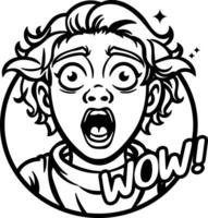 A glyph sticker of a surprised character with wow typography vector