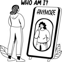 A glyph illustration of a character standing in front of mirror having self doubt vector