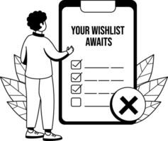 A glyph illustration of a character checking his wishes list vector