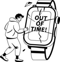A glyph illustration of character worried about his broken watch vector