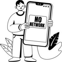 A glyph illustration of a character with no network on mobile vector
