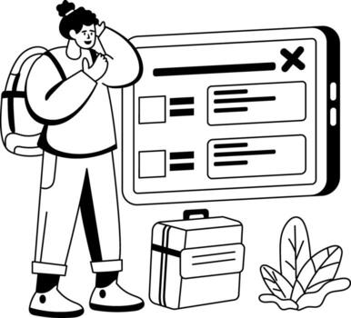A glyph illustration of character having booking error on a website vector
