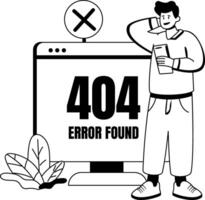 A glyph illustration of a character with 404 error found typography vector
