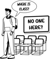 A glyph illustration of a character standing in an empty classroom vector