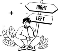 A glyph illustration of a confused character sitting near directional board vector