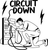A glyph illustration of a character repairing short circuit vector