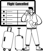 Flight cancelled glyph illustration of worried character with luggage vector