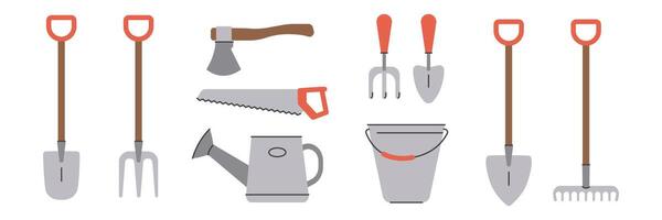 Garden tools items. Spring farming work. Set of flat llustrations vector