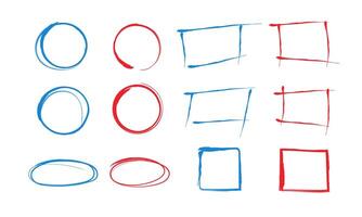 Set of Circle and Rectangle frame brush lines. Hand drawn Blue and Red Square shapes illustration vector