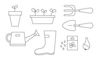 Planting and Growing Seedling. Garden tools line icons set vector