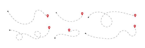 Set of routes in dashed line trace. Travel Location. Map pins on white background vector