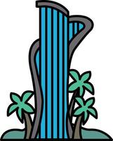 tall building with a blue waterfall and palm trees in front of it vector