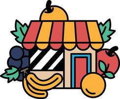 cartoon drawing of a fruit stand with an awning vector