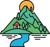 a mountain with a house and a river in the foreground vector
