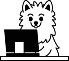 white dog is sitting in front of a computer monitor vector