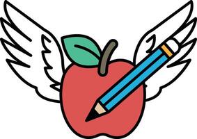 A drawing of an apple and a pencil with wings vector