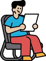 man is sitting in a chair and reading a piece of paper vector