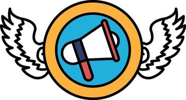 A blue and orange circle with a large red microphone in the center vector