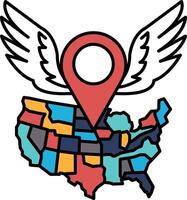 A map of the United States with a red pin in the middle vector