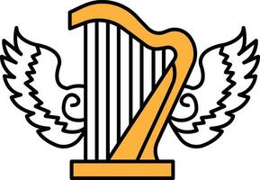 A gold colored harp with white wings is the main focus of the image vector