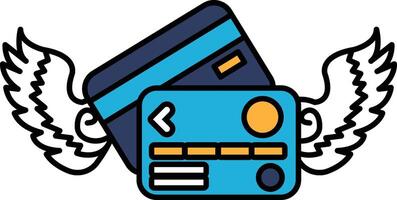 A blue credit card with a white arrow pointing to the left vector