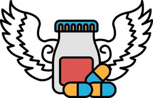 A bottle of pills is surrounded by wings and is placed on a white background vector