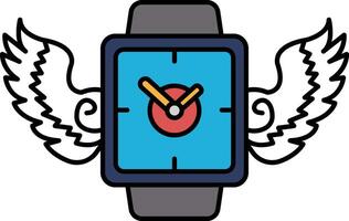 A watch with a blue face and red hands with wings on either side vector