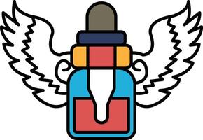 A bottle of vape with a blue cap and a red and yellow label vector