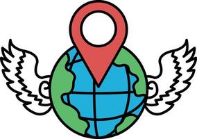 A cartoon drawing of a globe with a red pin on it vector